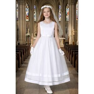 NEW Girls First Holy Communion Dress Size 14X -Satin Bodice Tulle Pearl Neckline